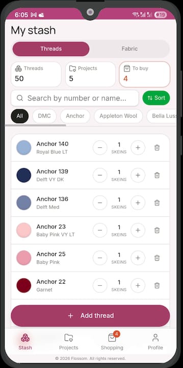 Flossom stash screen showing DMC thread inventory