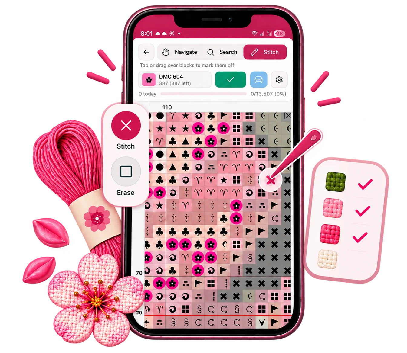 Flossom chart reader showing a cross stitch chart with completed stitches marked off